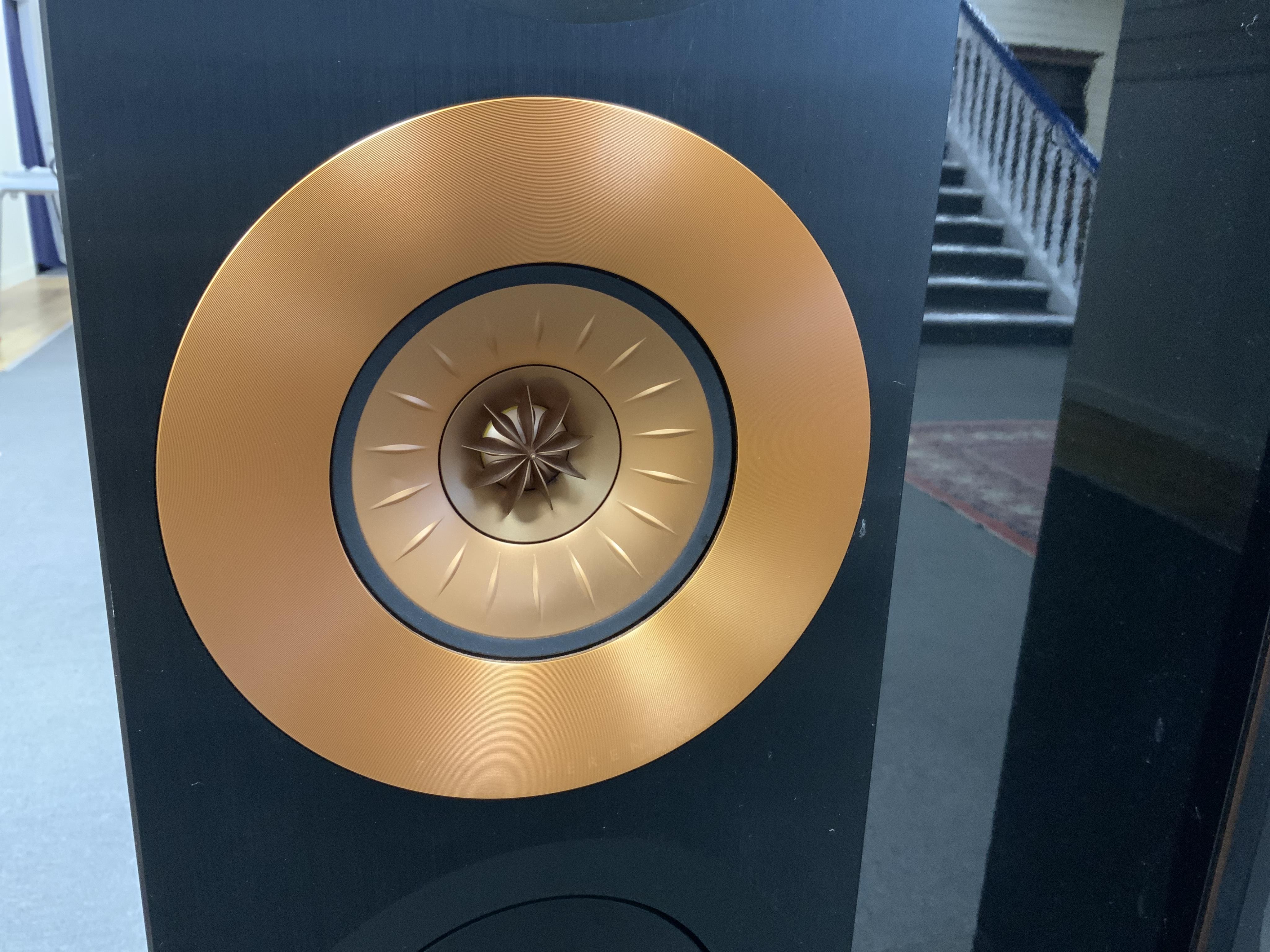 A pair of flooring standing limited edition KEF Reference 3 stereo speakers, the ‘Foundry Edition’, finished in gloss black with copper speaker surrounds on the centre speakers and copper finished plaque to the reverse c